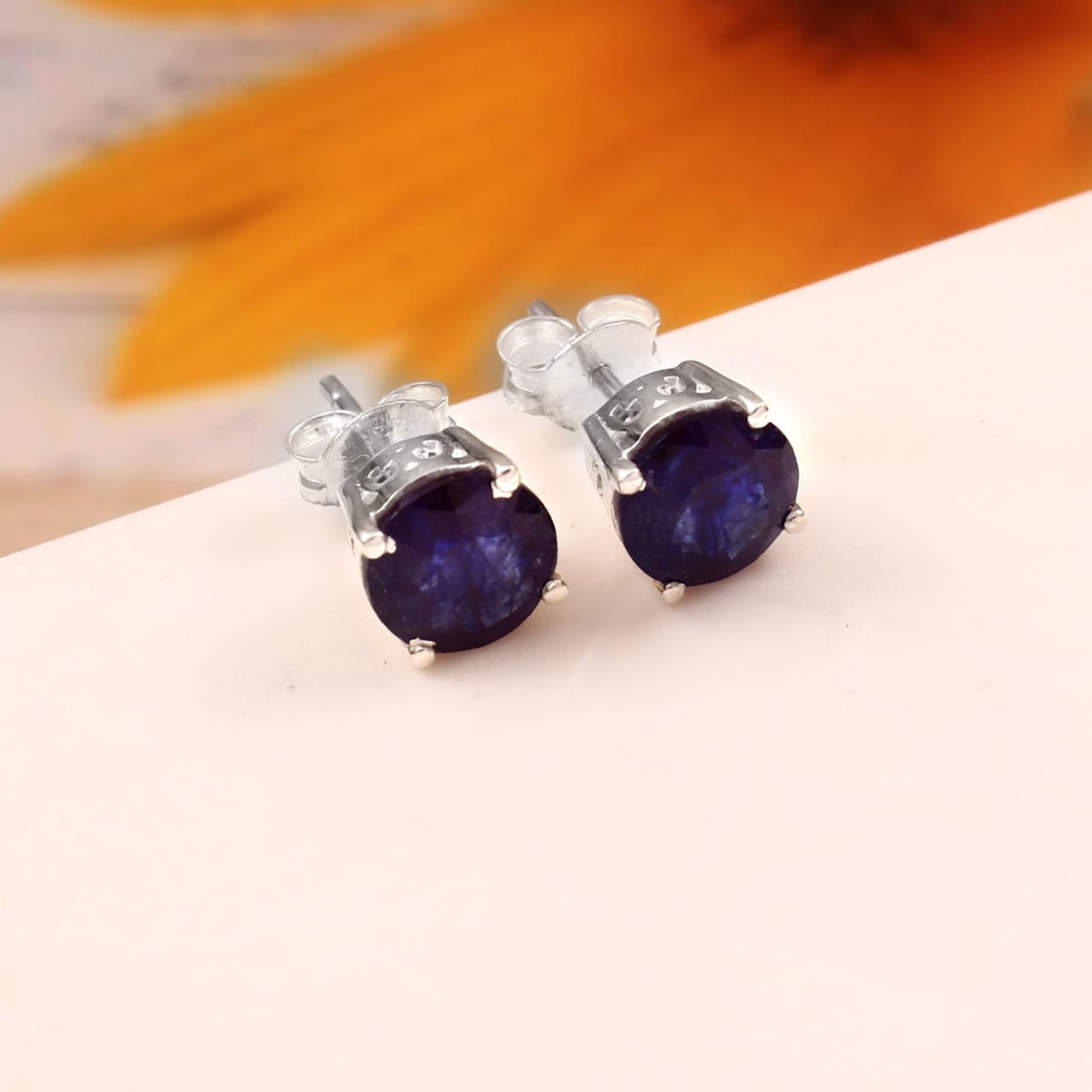 Real sapphire, shiny deep blue stud earrings